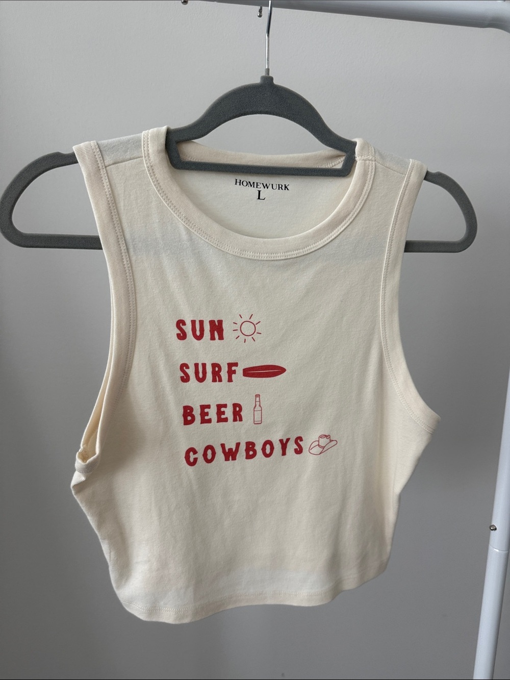 Homewurk Cream Graphic Crop Tank - Sun Surf Beer Cowboys